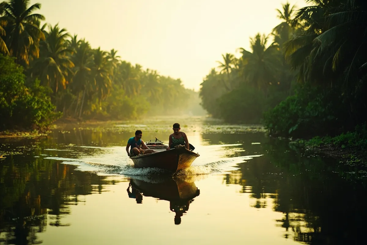 Wooden motorboat crossing calm backwaters lined with mangroves and palms near Chunnambar