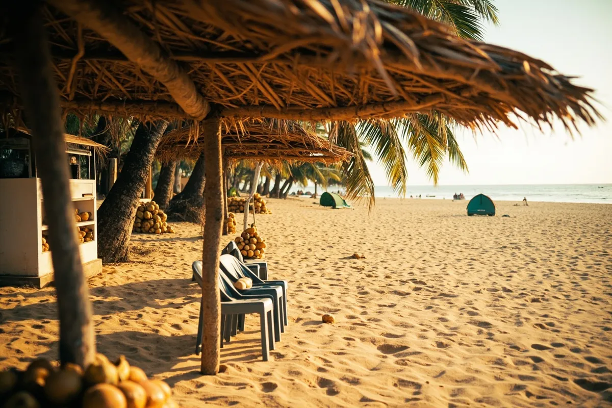 Thatched beach shacks and sun shelters on the sand at a quiet Indian beach