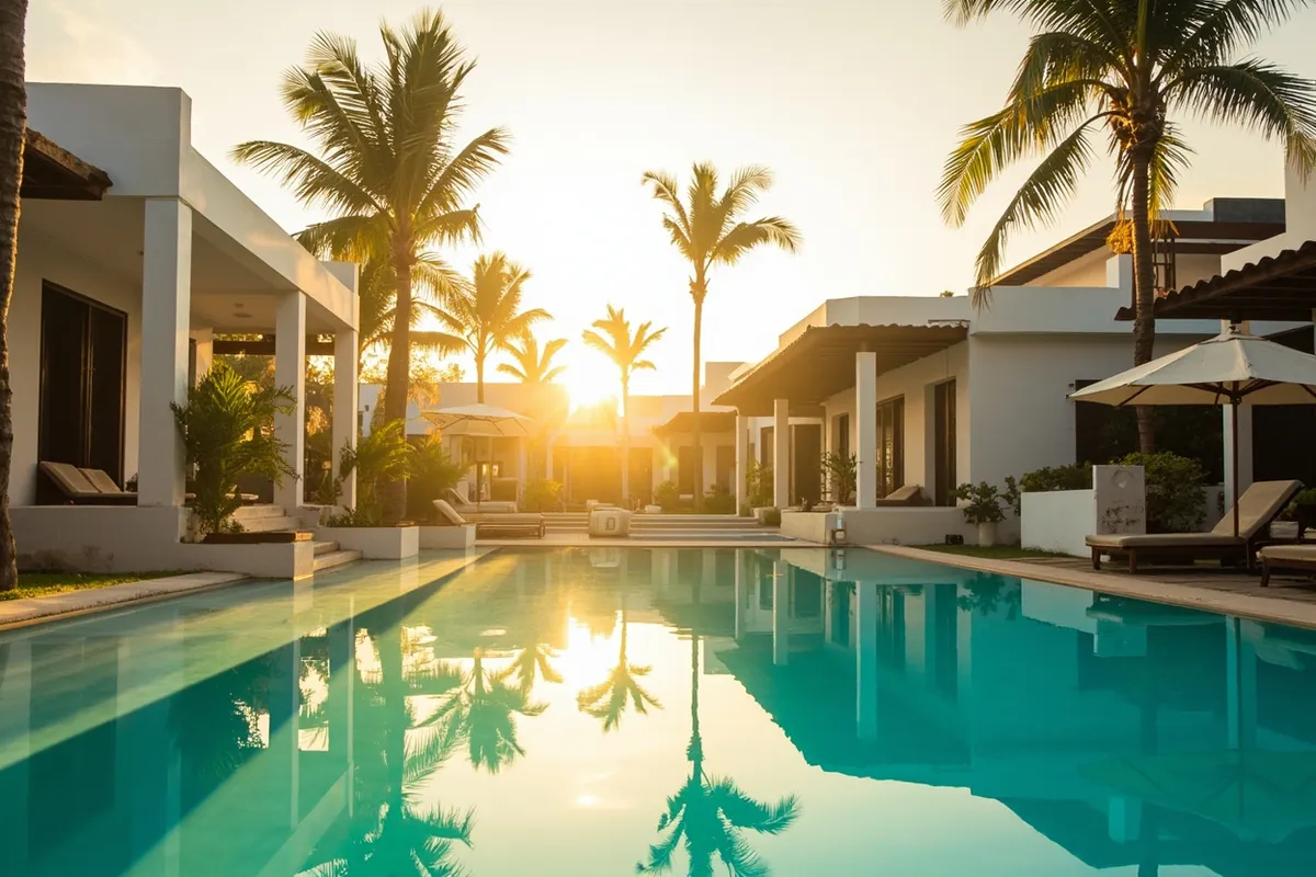 Boutique coastal resort villa with a large swimming pool surrounded by palm trees