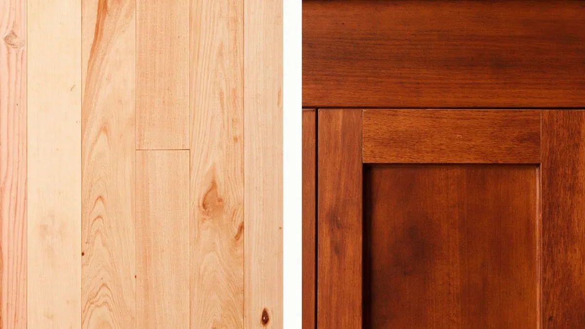 Cherry wood samples showing fresh pale pinkish tone alongside aged deep red-brown patina, demonstrating the wood's natural darkening over time.