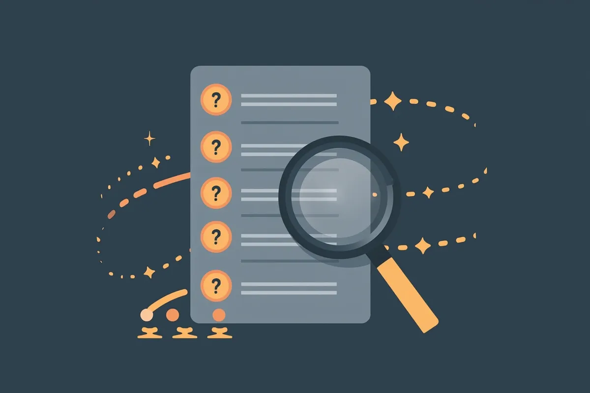 Illustration of a magnifying glass over a long checklist with most items uncertain