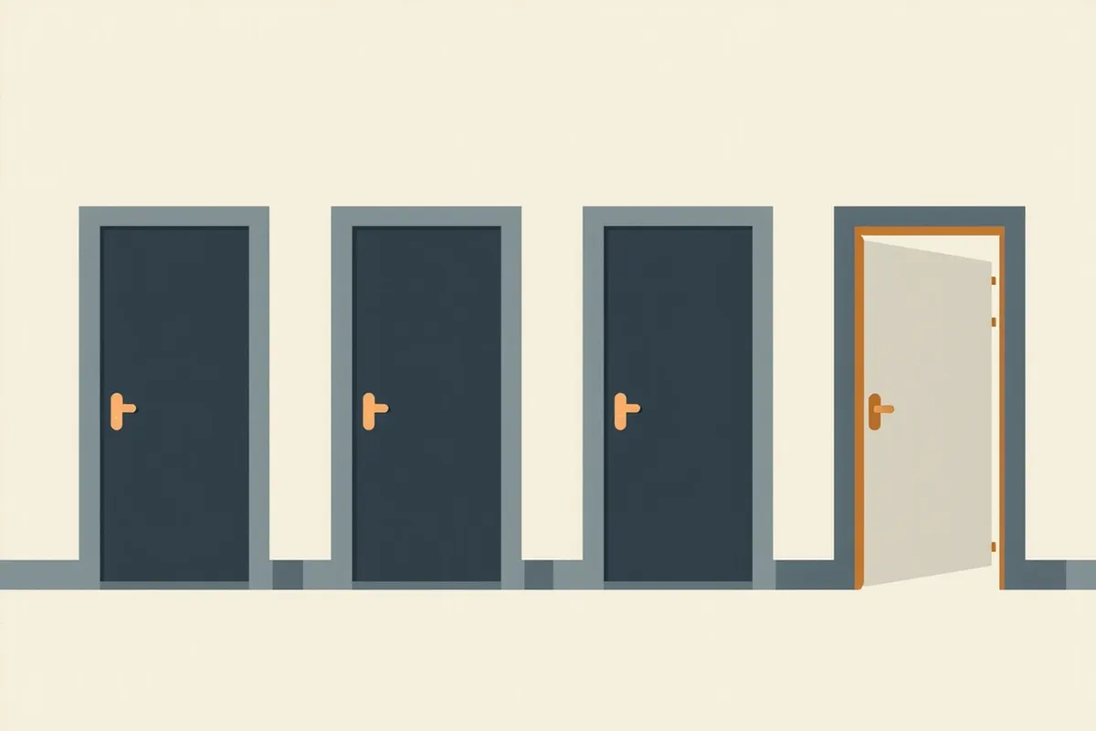 Illustration of four doors, three secured and one standing open with a key left in it