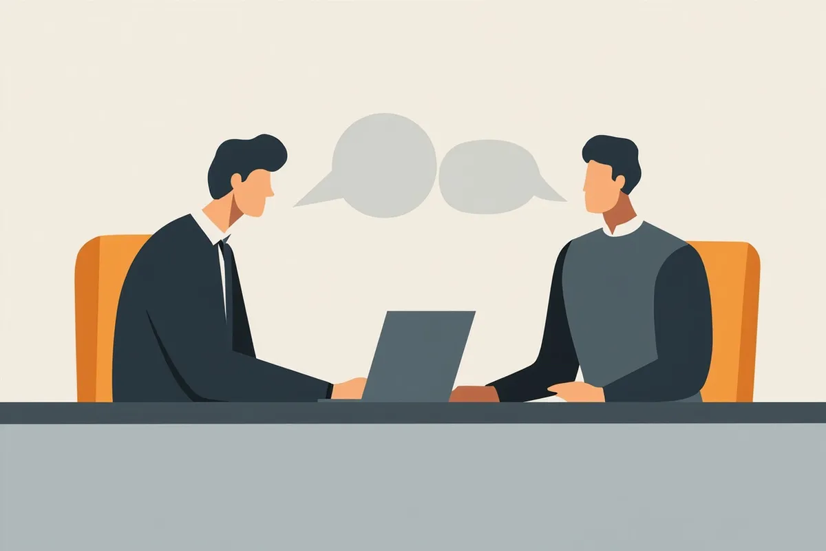 Illustration of two people in conversation across a desk with a laptop between them