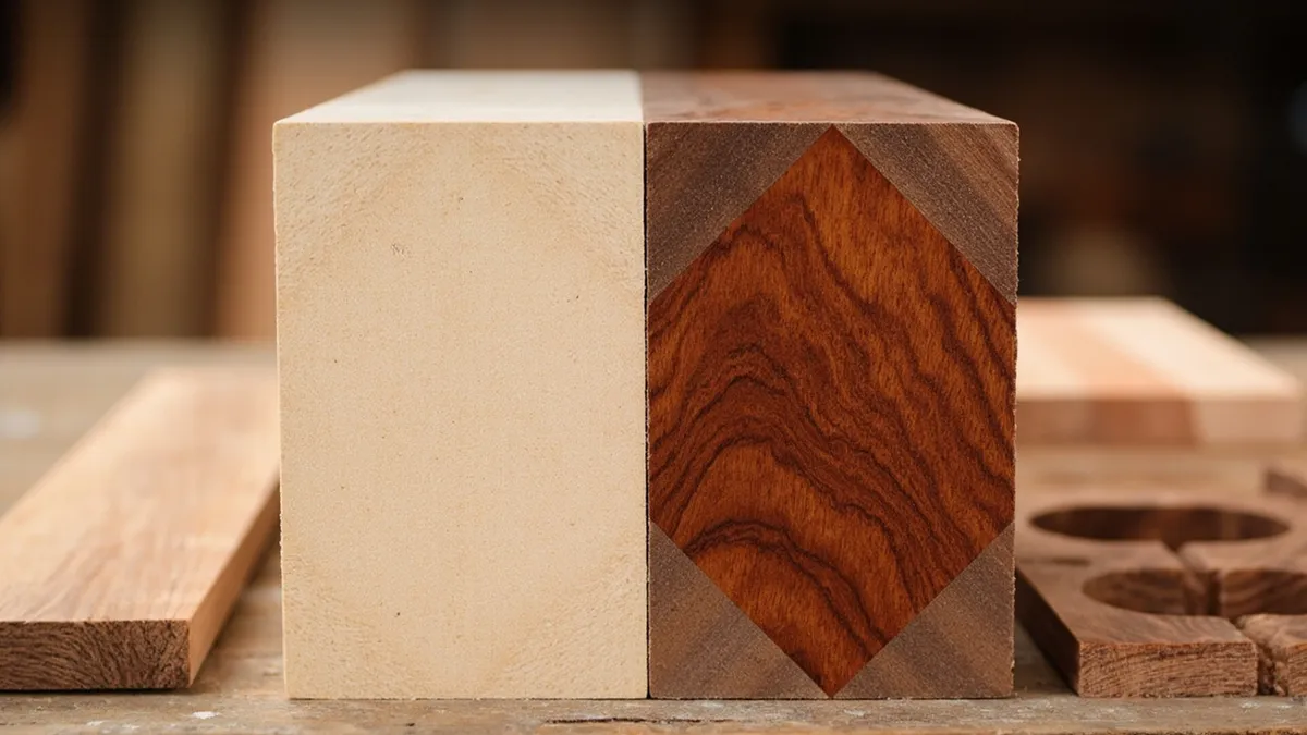 Accoya and Sapele timber blocks compared beside a sash window sample in a joinery workshop
