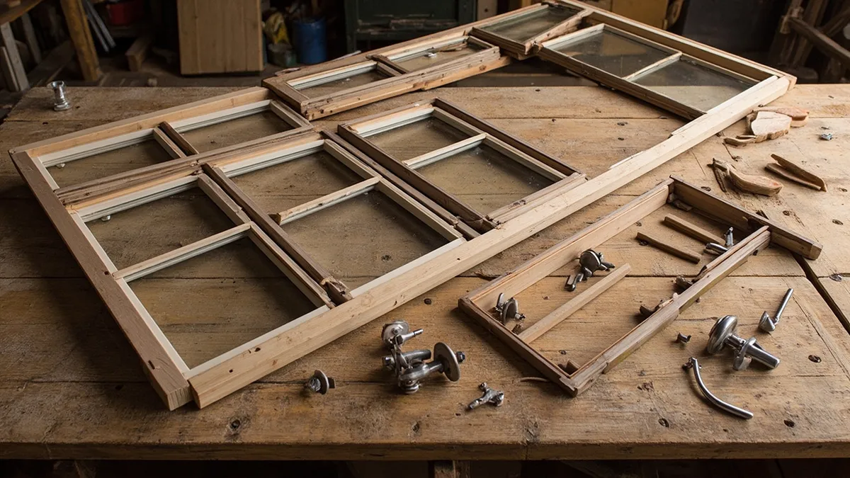 Disassembled sash window showing timber frames, glazed sashes, cords, weights, and ironmongery