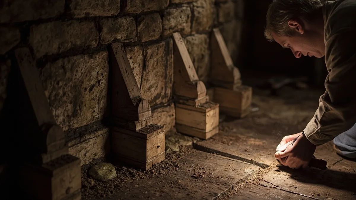 Woodworm-prone joist ends embedded in damp Pennine stone wall inside a Yorkshire weavers' cottage being inspected with a torch.