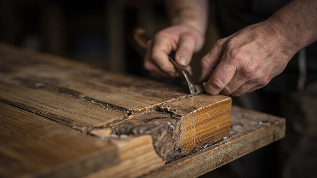 Heritage joiner cutting an oak splice to repair a badly damaged floor joist, showing conservative timber repair instead of full replacement.