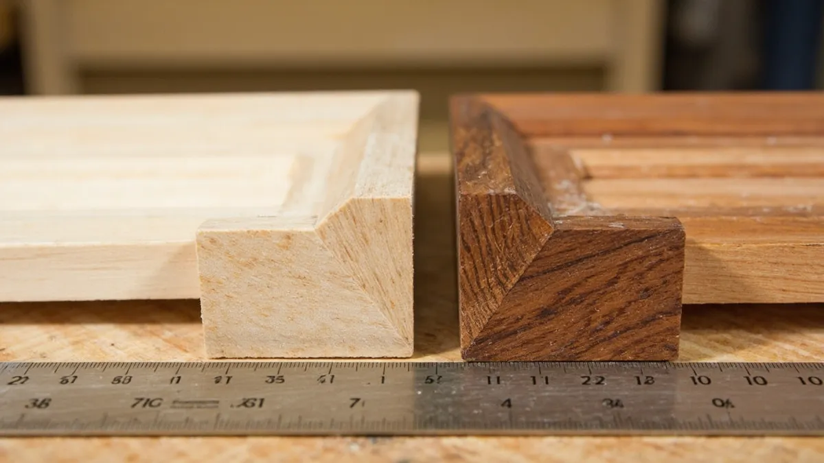 Accoya and Sapele timber samples compared on a joiner's workbench showing contrasting colour and grain.