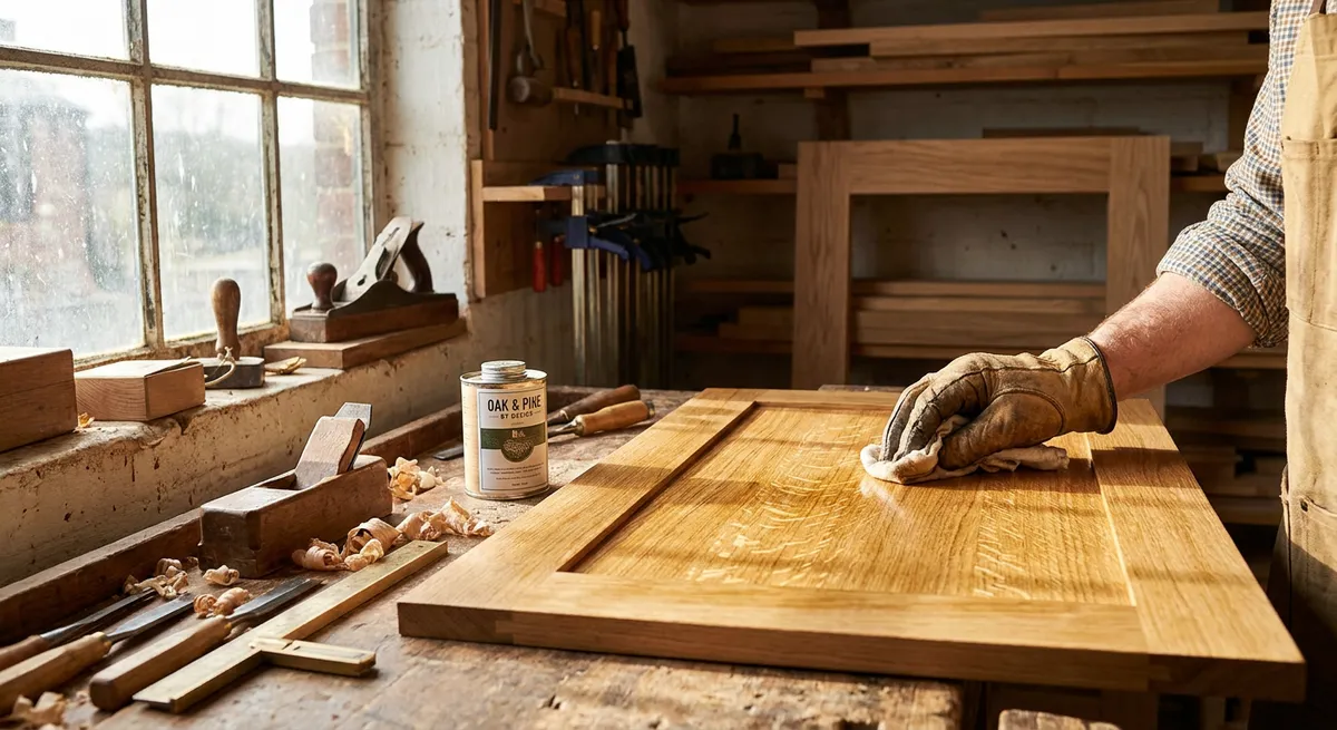 A craftsman hand-finishing a European oak cabinet door in a workshop, highlighting the natural oak grain.