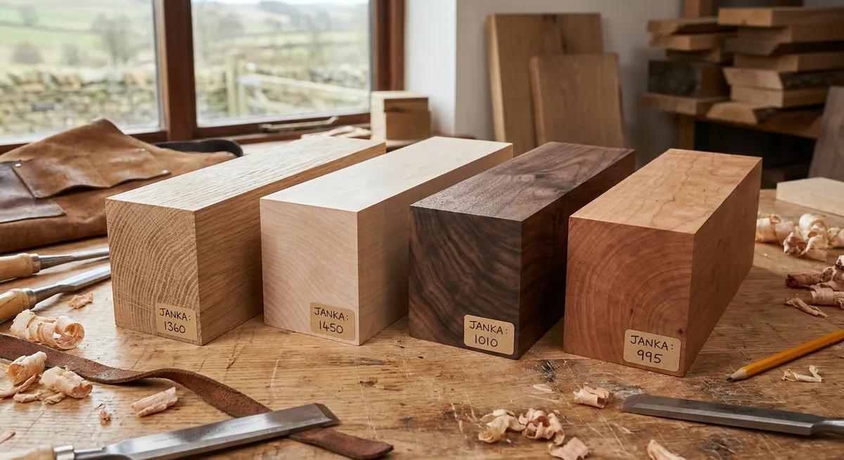 Four hardwood samples for kitchen cabinets: oak, maple, walnut, and cherry, displayed side by side for comparison.