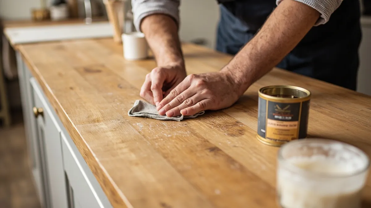 Hands oiling a wooden worktop with a cloth, with sandpaper and a tin of oil nearby