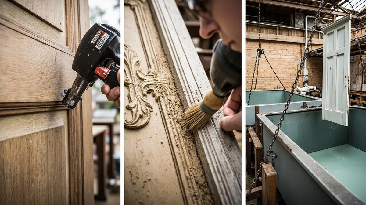 Comparison of three paint-stripping methods: heat gun on flat wood, paste stripper on mouldings, and a dip tank with a suspended door.