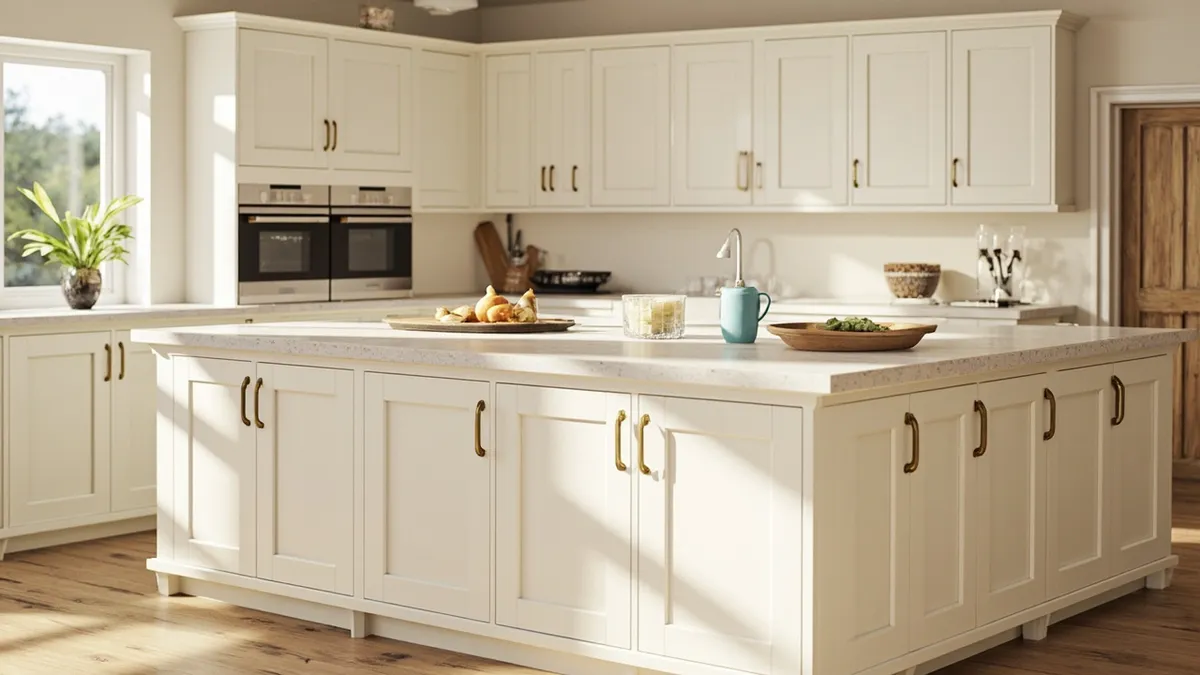 Cream Shaker kitchen with brass handles, oak accents and pale stone worktops in a traditional home interior