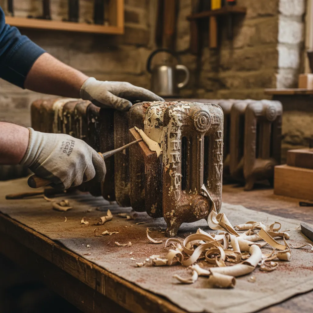 Hands scraping flaking paint and rust from a cast iron radiator with a wire brush and shavehook.
