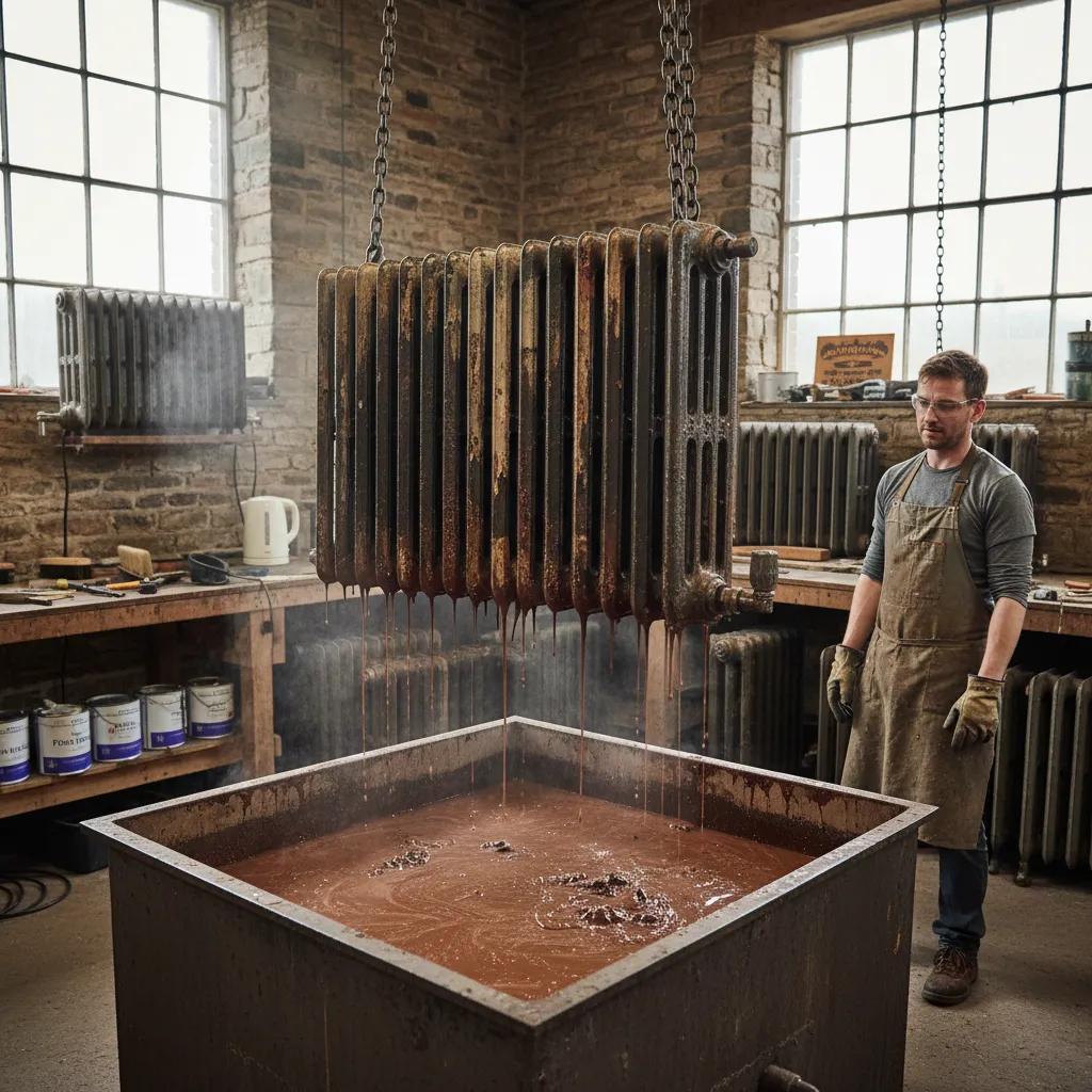 Victorian cast iron radiator being lifted from a caustic dip tank in a restoration workshop.