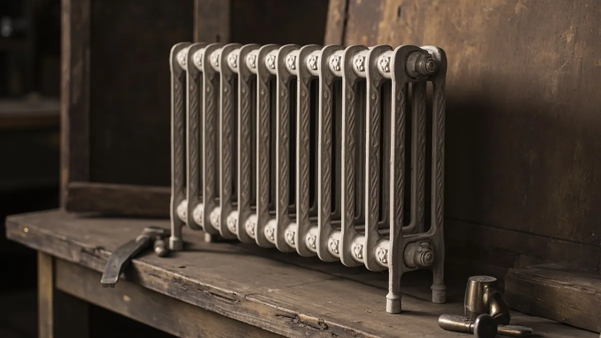 Stripped cast-iron Victorian radiator on workshop bench, bare metal with ornate pattern visible.