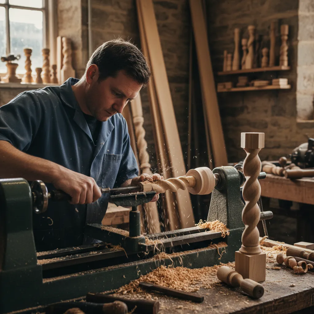 Woodturner shaping a barley twist pilaster on a lathe in a small workshop, wood shavings curling from the spinning timber.
