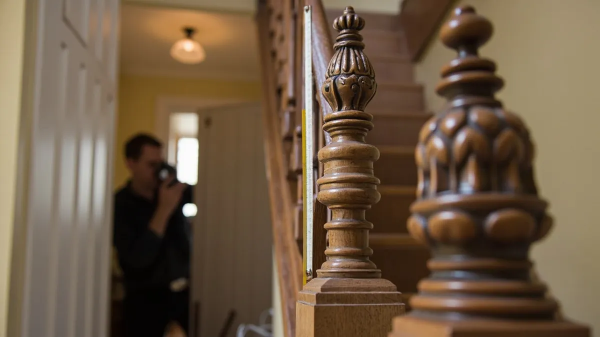 Measuring a Victorian newel post with a ruler before commissioning a hand-turned match.