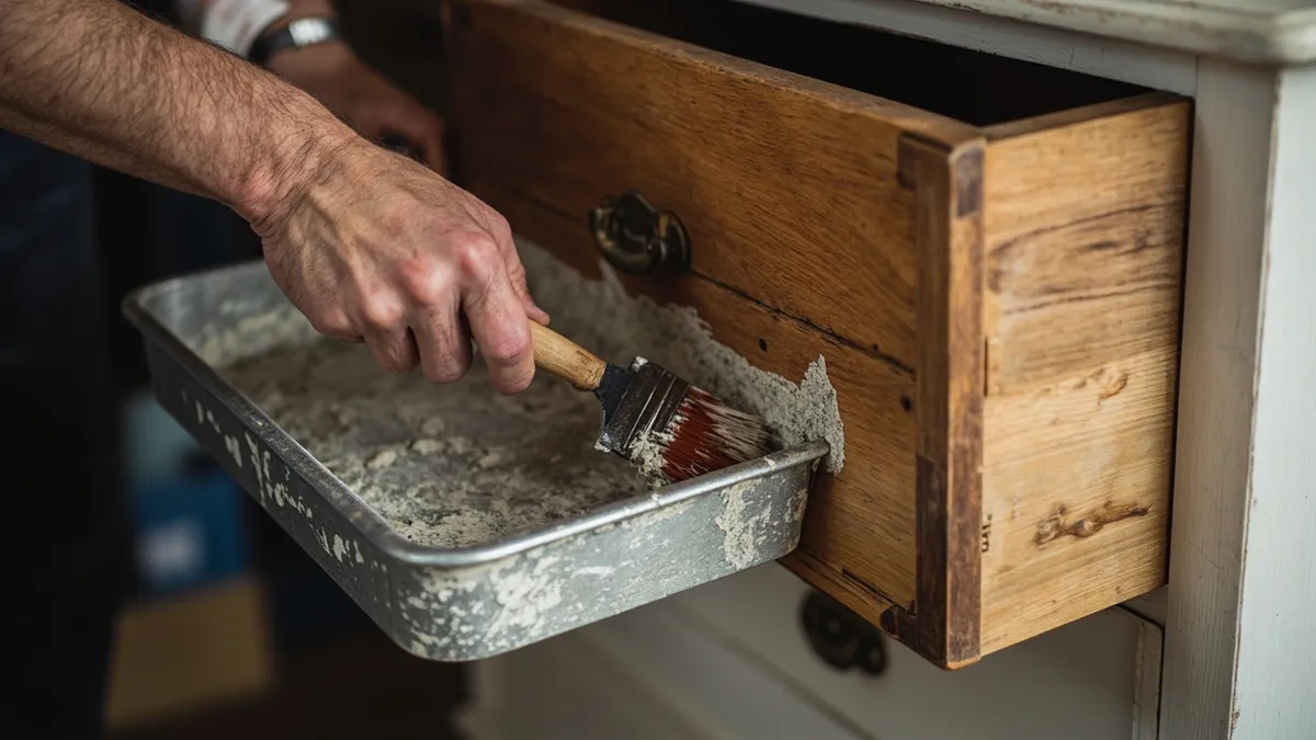 Hands brushing paint stripper onto a wooden drawer and scraping off softened paint layers.