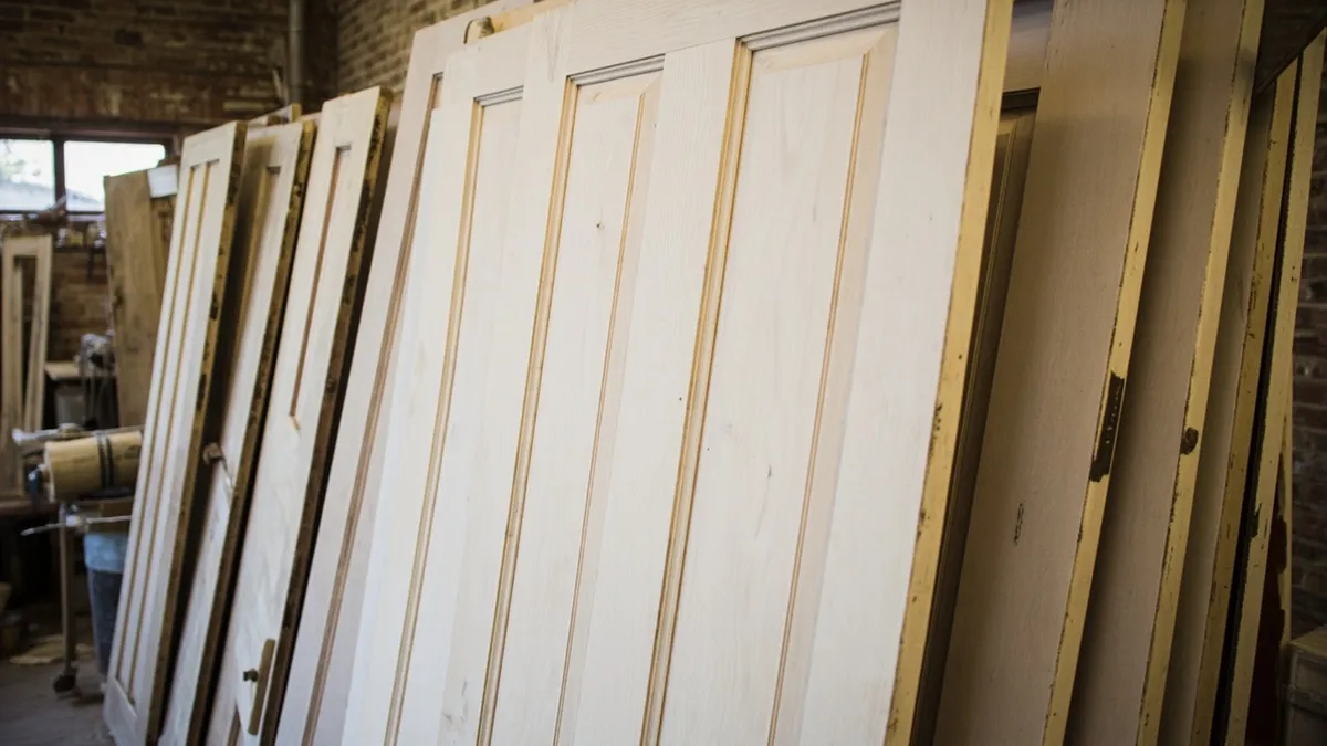 Several stripped bare-wood Victorian four-panel doors hanging on a workshop drying rack.