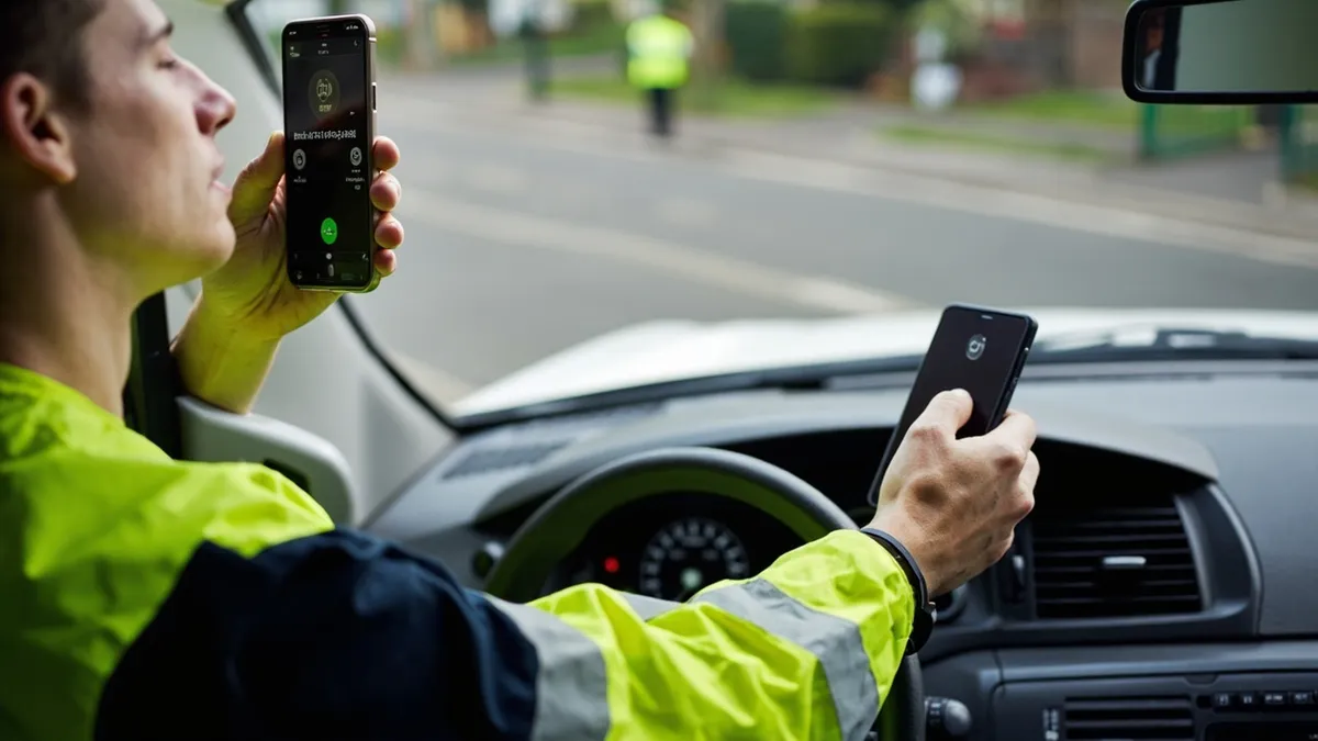Tradesperson by a van checking a forwarded call on a second phone to avoid missing customer enquiries.