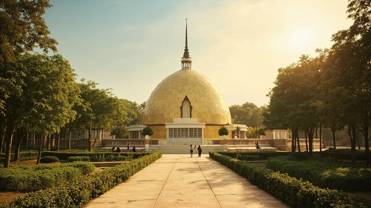 Golden Matrimandir meditation sphere at Auroville viewed from the outer gallery, surrounded by gardens and pathways.