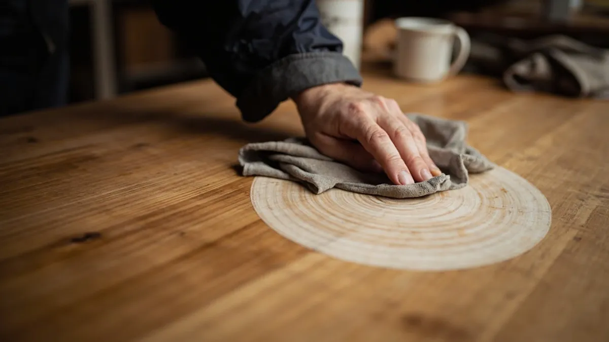 Hand buffing a white water ring out of a waxed oak surface with a soft cloth.