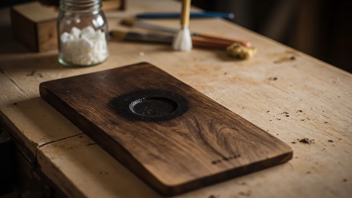 Bare walnut tabletop showing a black water ring alongside oxalic acid and restoration tools.