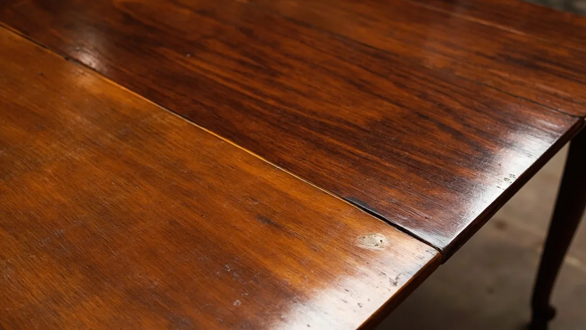 Mahogany table comparing original aged finish with a small retouched patch blended in.