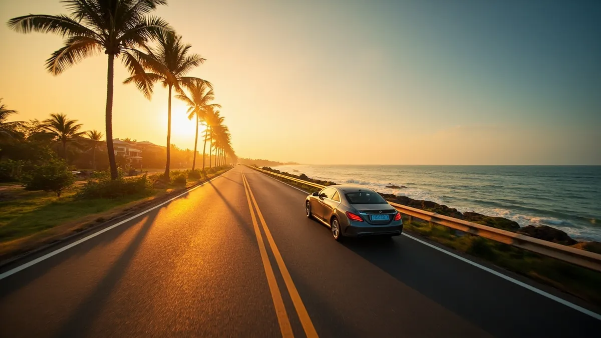 Car driving along a palm-lined coastal highway in Tamil Nadu at sunset, heading toward the coast near Pondicherry.