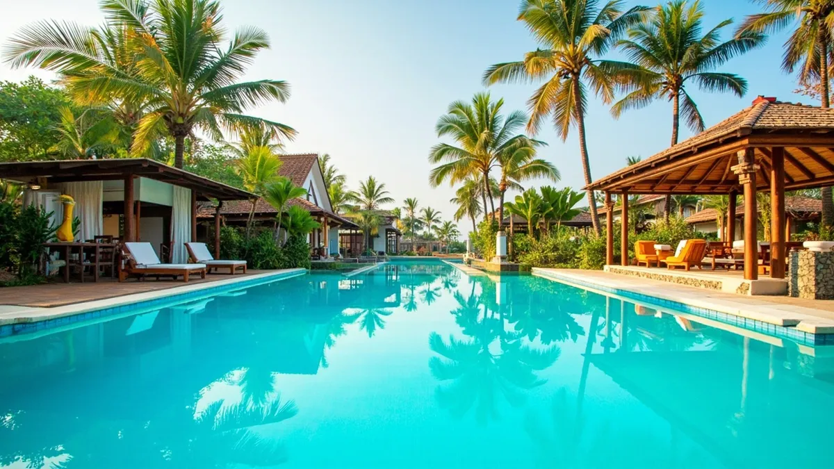 Boutique coastal villa with a large swimming pool in a tropical garden near the beach in Pondicherry.