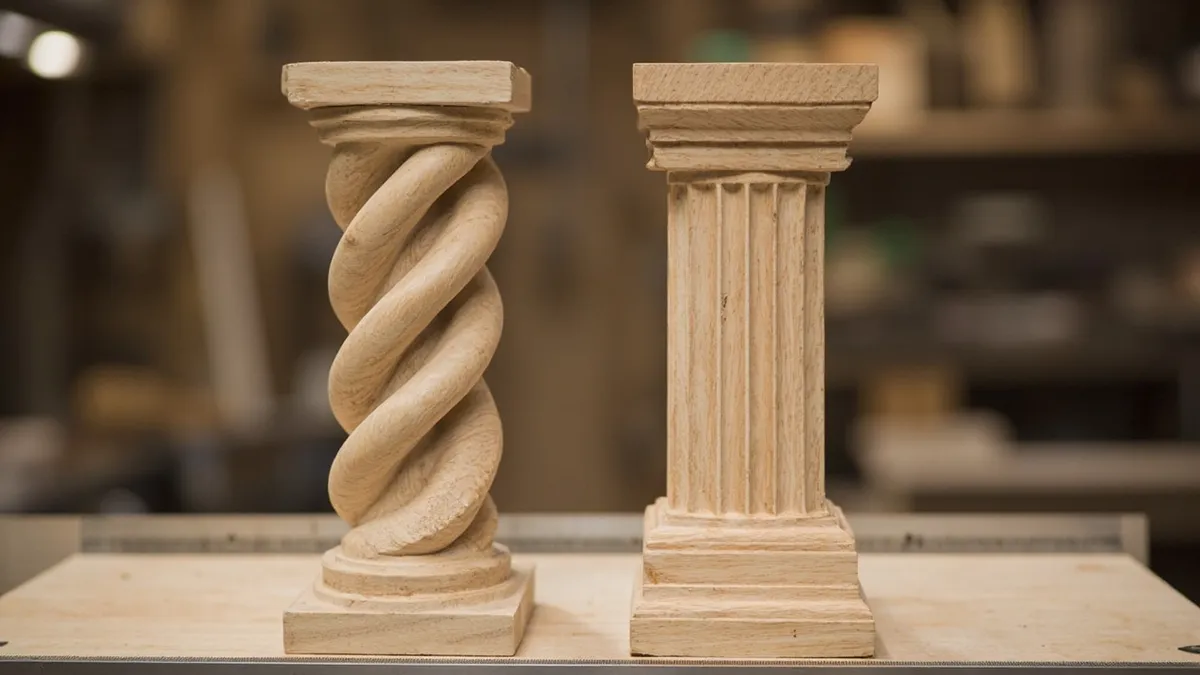 Barley twist pilaster beside a fluted pilaster on a workbench, showing the spiral versus straight groove contrast.