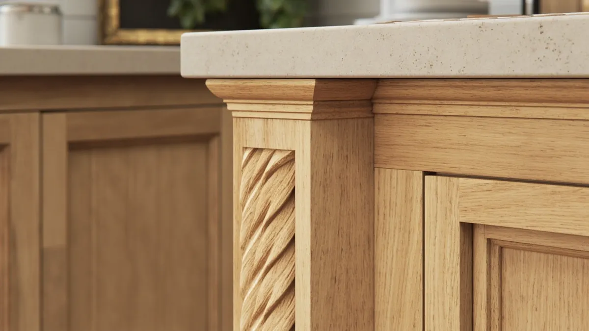 Structural and decorative wooden pilasters shown together on an oak kitchen cabinet run.