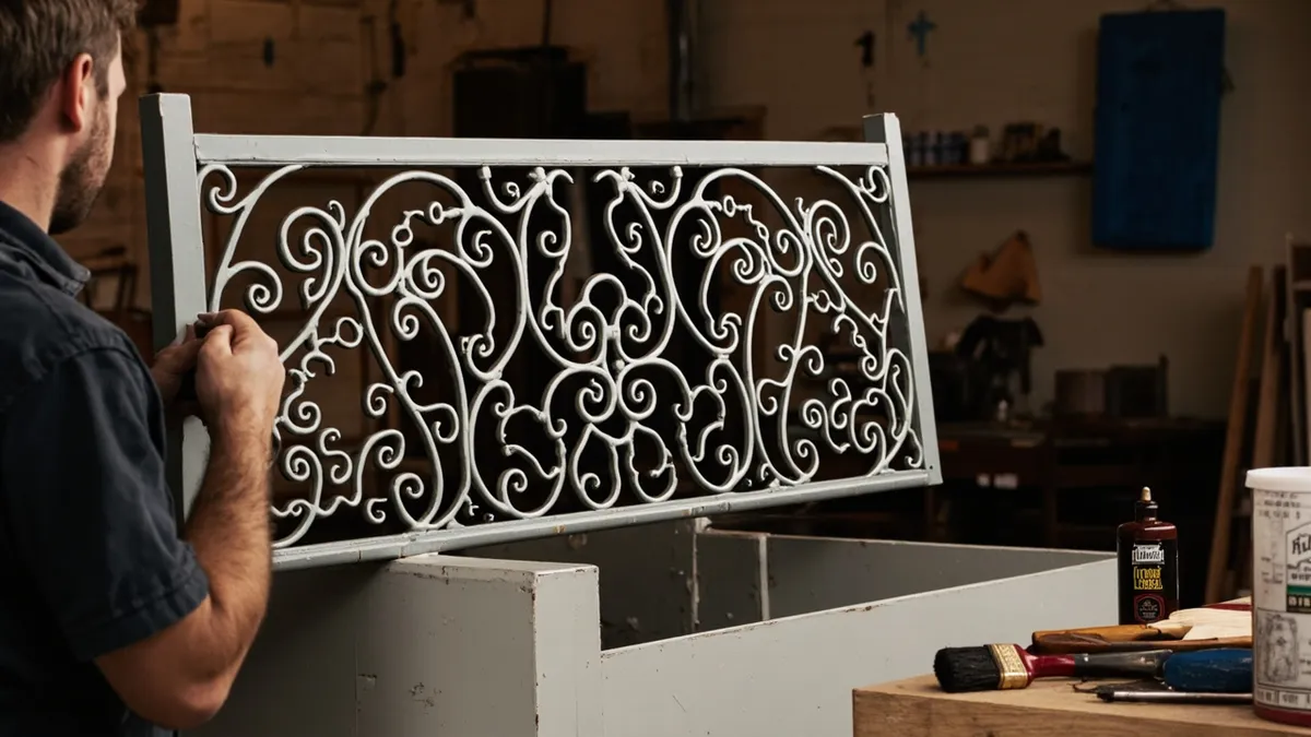 Craftsman hand-finishing a stripped wrought-iron railing panel in a restoration workshop.