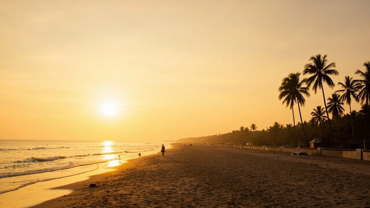 Golden sunrise over the east-facing Pondicherry beach with palm trees and early morning walkers on the sand.