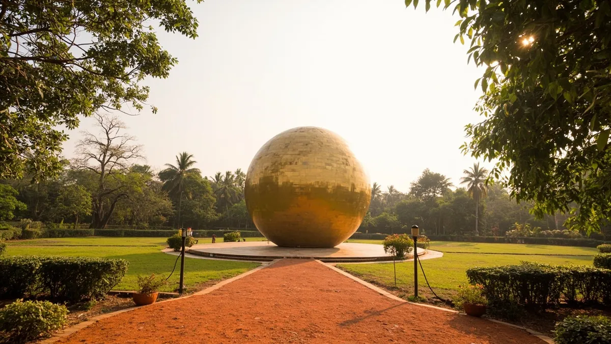 The golden spherical Matrimandir at Auroville, framed by landscaped gardens and red-earth walking paths.