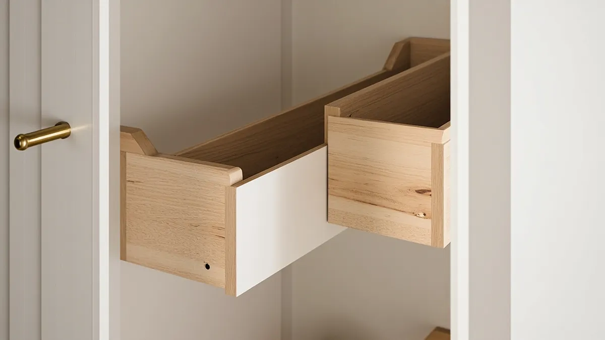 Interior of an alcove wardrobe with pull-out rail and drawers fitted into a chimney-breast recess.