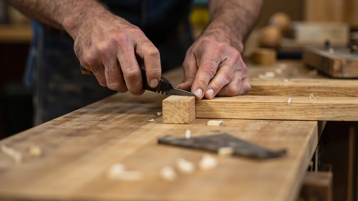 Cabinetmaker cutting hand-cut dovetail joints in solid oak on a traditional workbench.