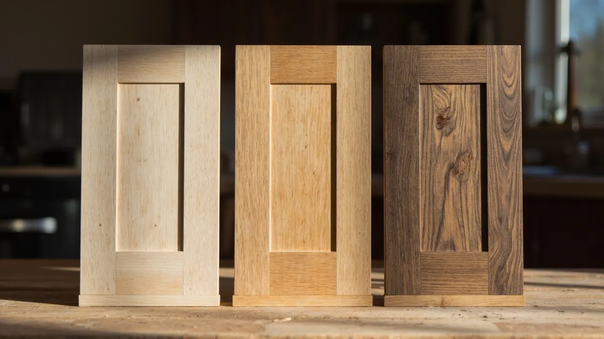 Three oak door samples showing pale Scandinavian, warm European, and darker fumed oak finishes.