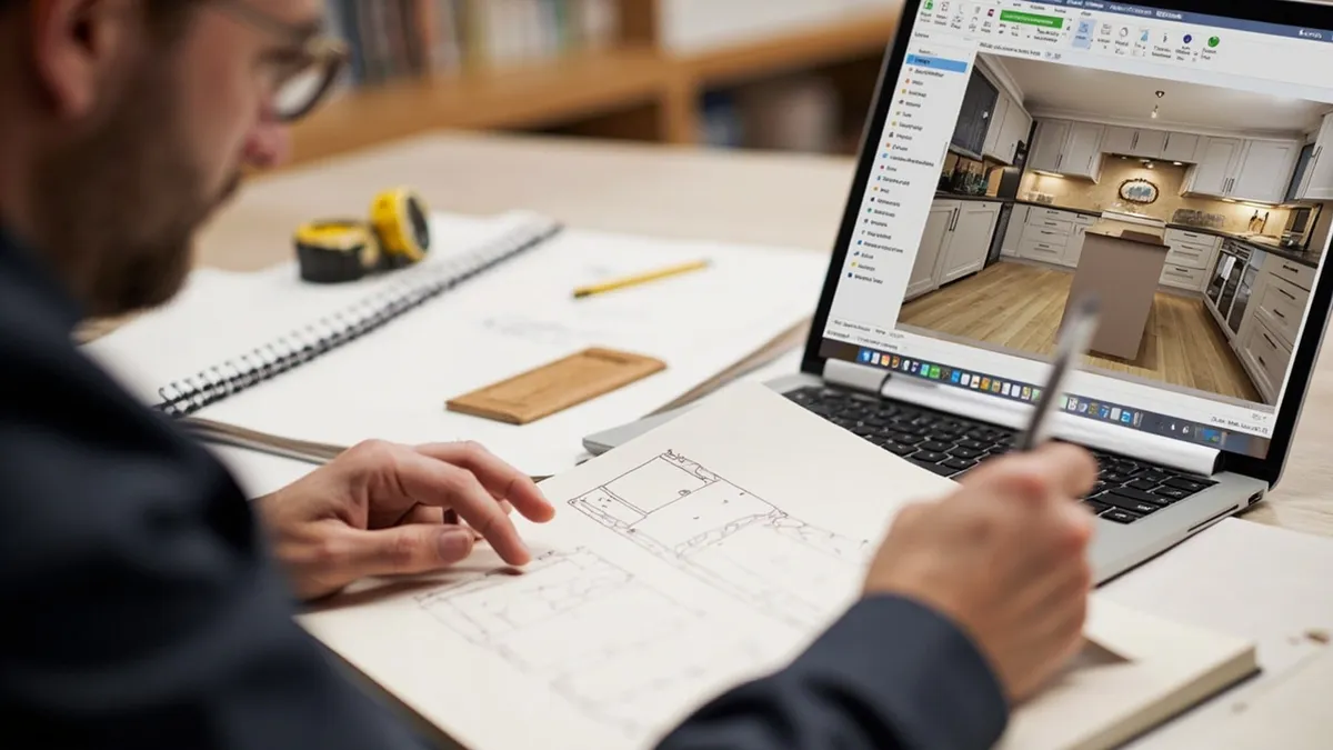 Designer sketching a bespoke kitchen layout beside a 3D oak kitchen render on a laptop.