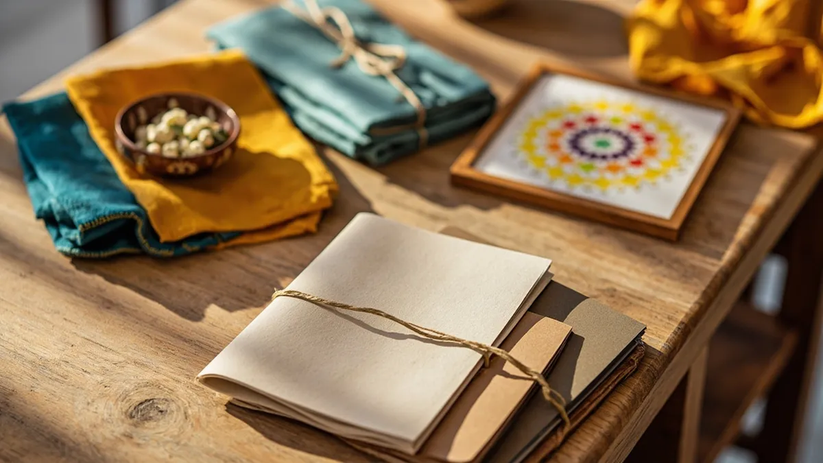 Handmade paper notebooks, silk scarves and a Kolam rangoli frame displayed on a wooden table in Pondicherry.