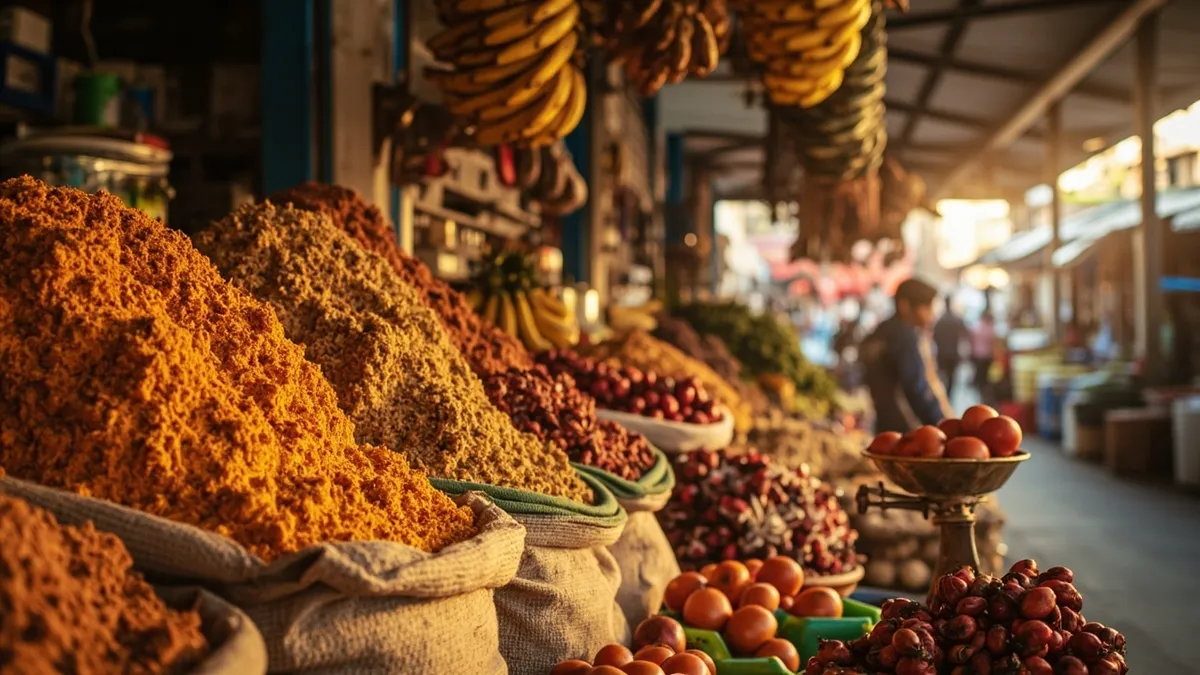Spice and produce stalls inside Goubert Market in Pondicherry, with turmeric, chillies and fruit on display.
