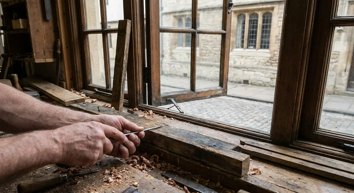 Joiner probing a rotted wooden casement window cill with an awl to assess whether repair is feasible.
