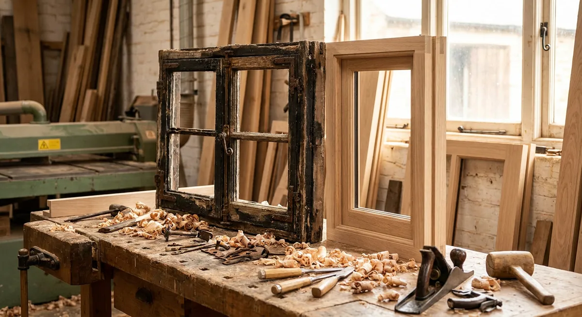 Comparison of a decayed original timber casement frame next to a newly milled replacement frame.