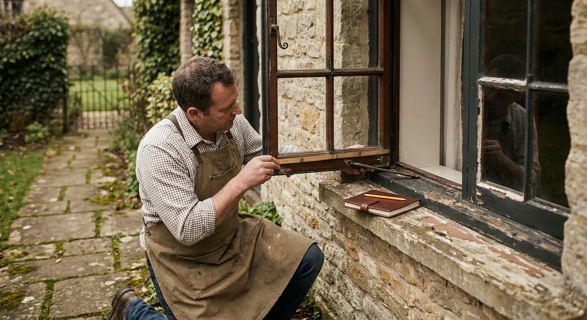 Joiner measuring an original timber casement window at a stone cottage for a restoration survey.