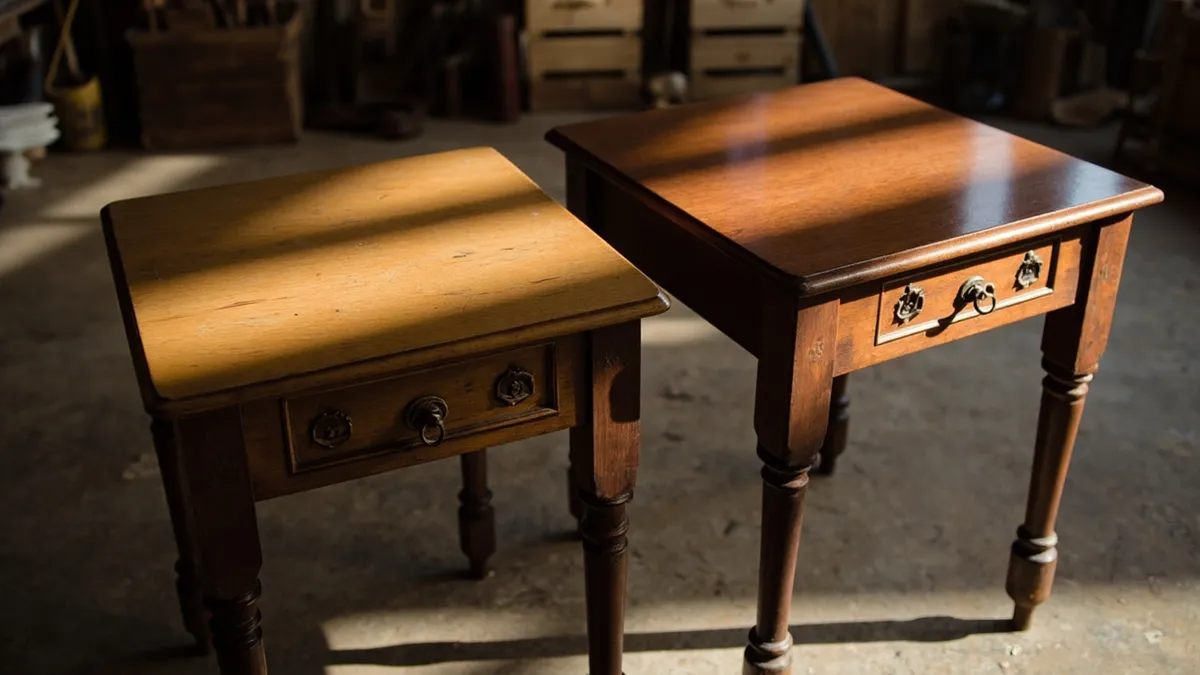 Two antique side tables side by side: one soft waxed patina, one deep reflective French polish.