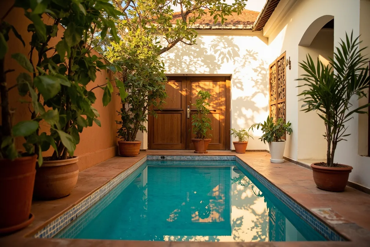 Small private plunge pool in a walled garden courtyard of an Indian villa