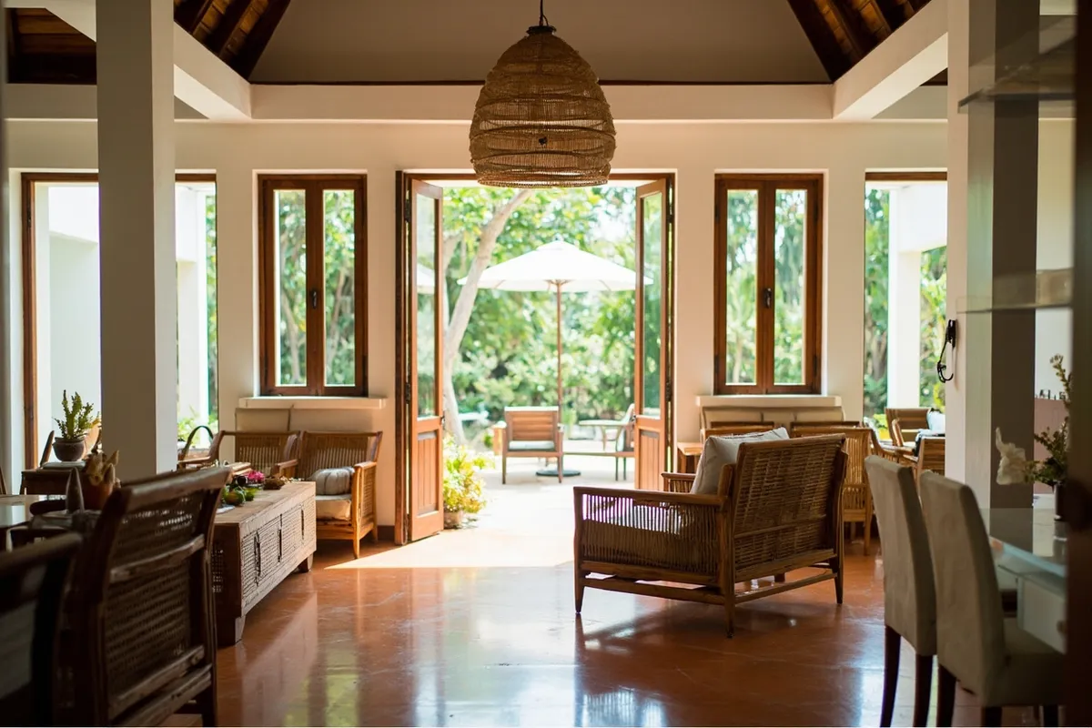Open plan villa living room with rattan furniture and doors onto a green garden
