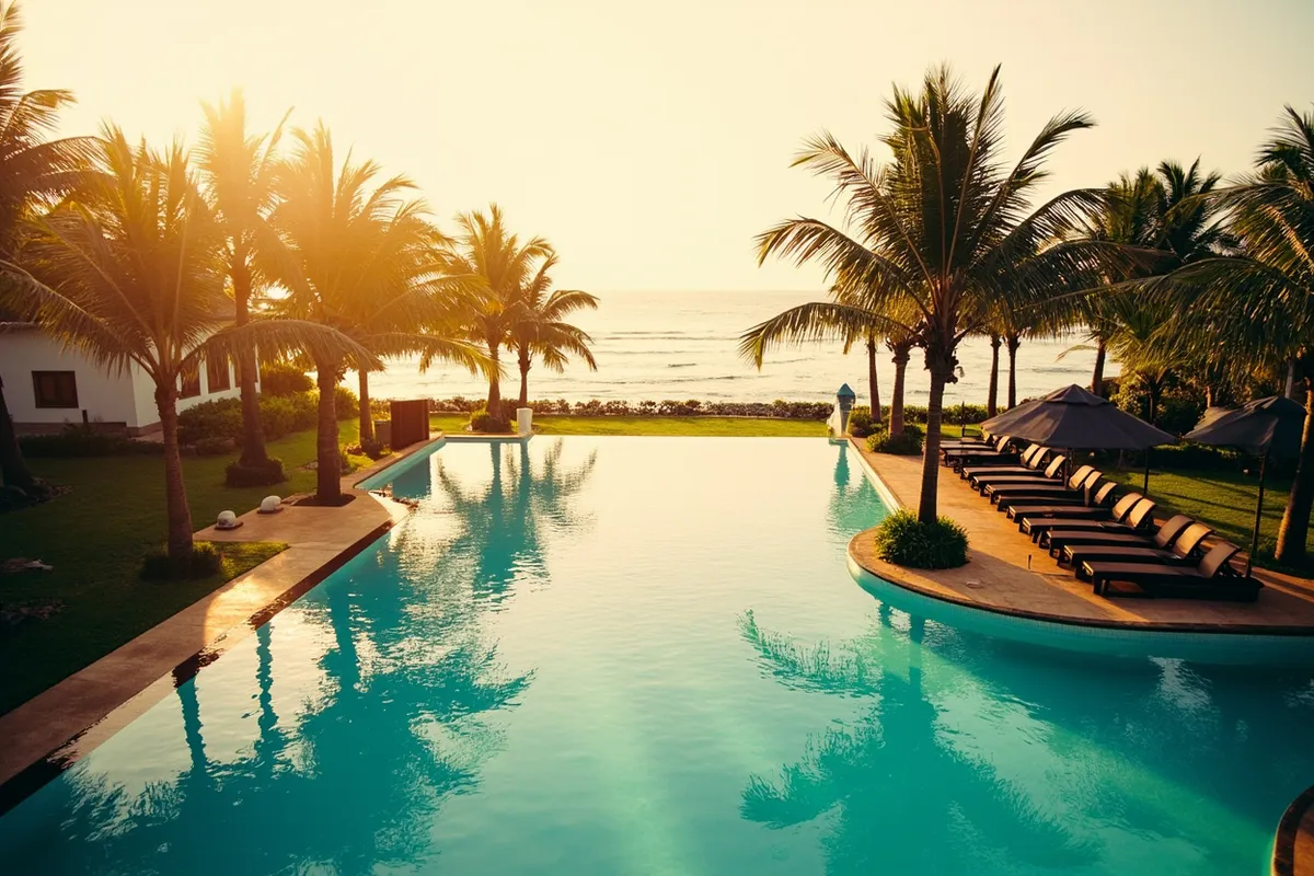 Large resort swimming pool beside the sea with palm trees at golden hour