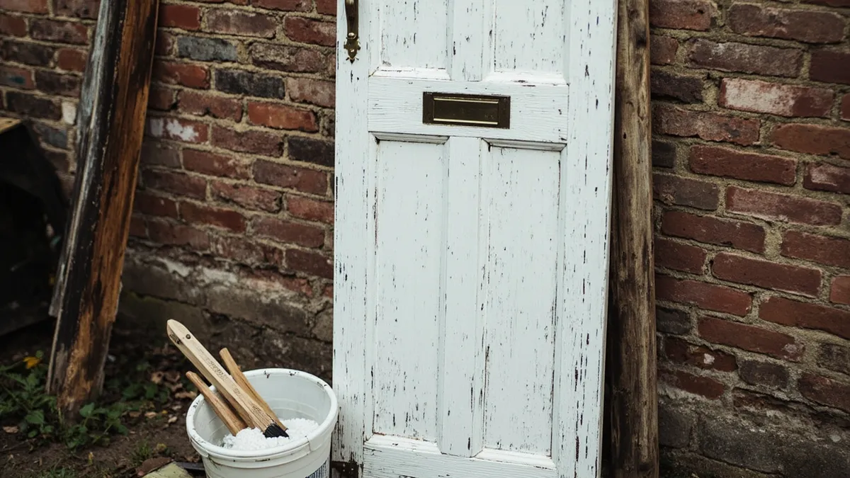 Crusty white gloss paint build-up on an old pine door with a tub of stripping crystals nearby.